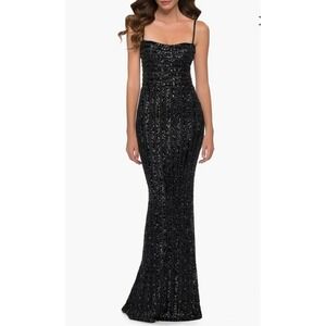 La Femme Dress Size 10 Black Sequin Strappy Open Back Square Neckline Gown
